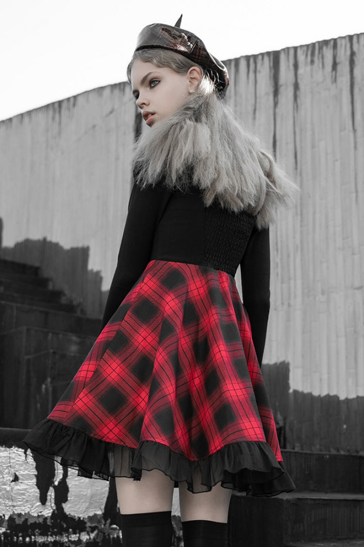Black/Red Plaid Print Ruffle Lace Women's Punk Dress - Product - 3