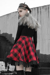Black/Red Plaid Print Ruffle Lace Women's Punk Dress - Product - 3