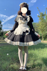 Black/White Maid Long Sleeves Ruffle Bowknot Stitching Sweet Short Lolita Dress - Black/White - 1