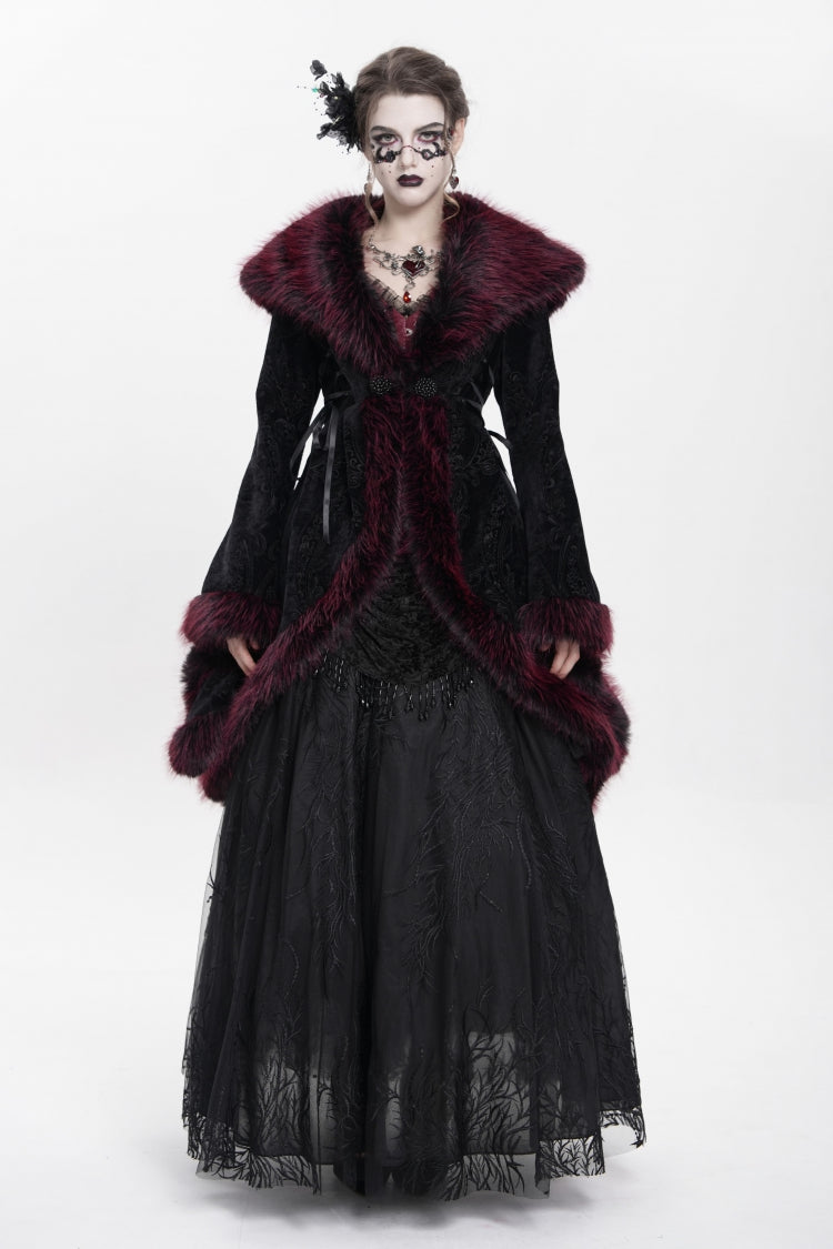 Red Long Sleeves Floral Embroidery Women's Gothic Fluffy Coat - Product - 13