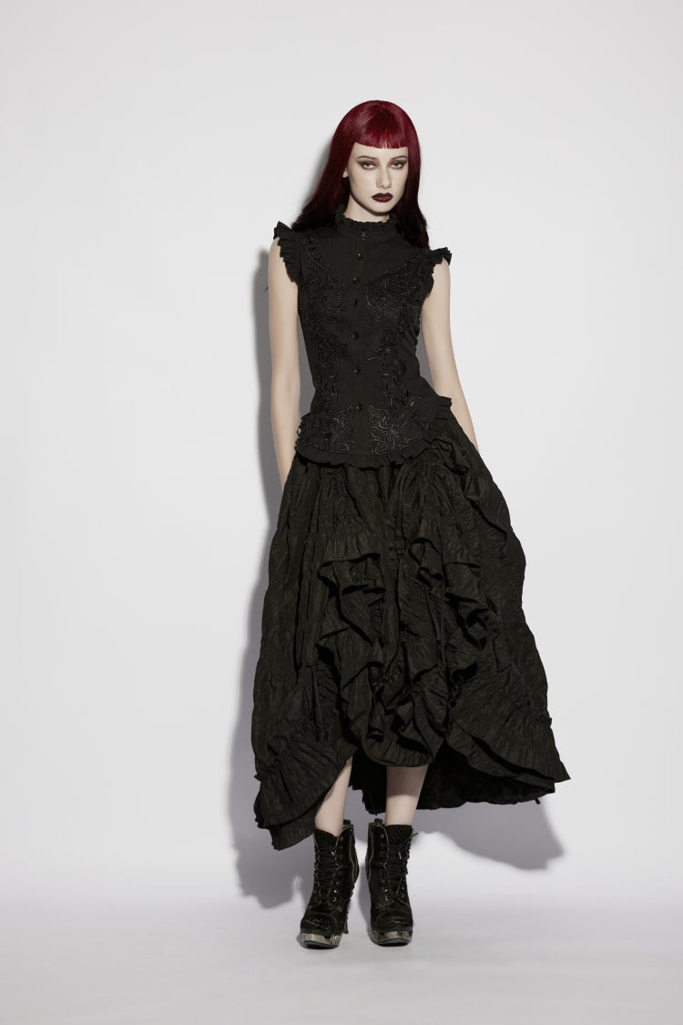 Black Stand Collar Sleeveless Ruffled Embroidered Lace-Up Slim Fit Women's Gothic Elegant Royal Blouse - Product - 6