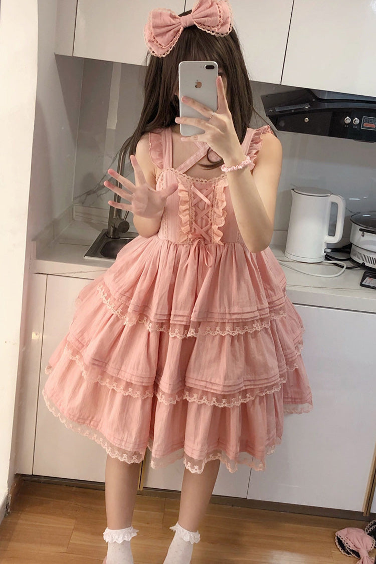Pink First Love Triple-Layered Ruffle Bowknot Lace Sweet Lolita Jsk Dress - Pink - 1