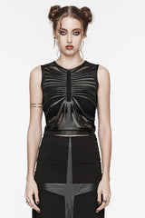 Black Round Collar Sleeveless Stitching Mesh Ripped Women's Punk Tank Top - Black - 1