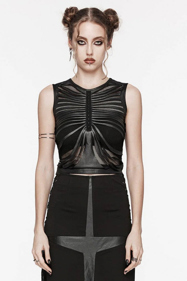 Black Round Collar Sleeveless Stitching Mesh Ripped Women's Punk Tank Top - Black - 1