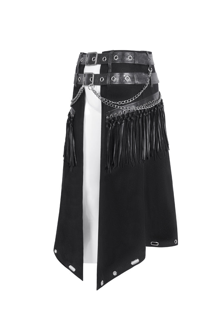 Black Irregular Double Belt Tassels Men's Gothic Skirt - Product - 7