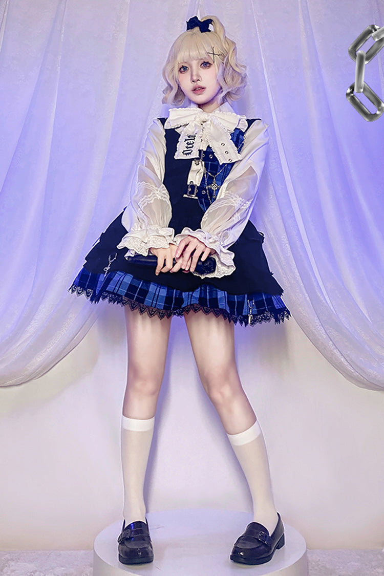 Subculture Plaid Print Ruffle Princess Lolita Skirt Set 2 Colors - Blue/Black - 4