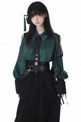 Green/Black [Moonlight Flowing] Long/Short Sleeves Ruffled Asymmetric Gothic Jirai Kei Skirt Set - Product - 6