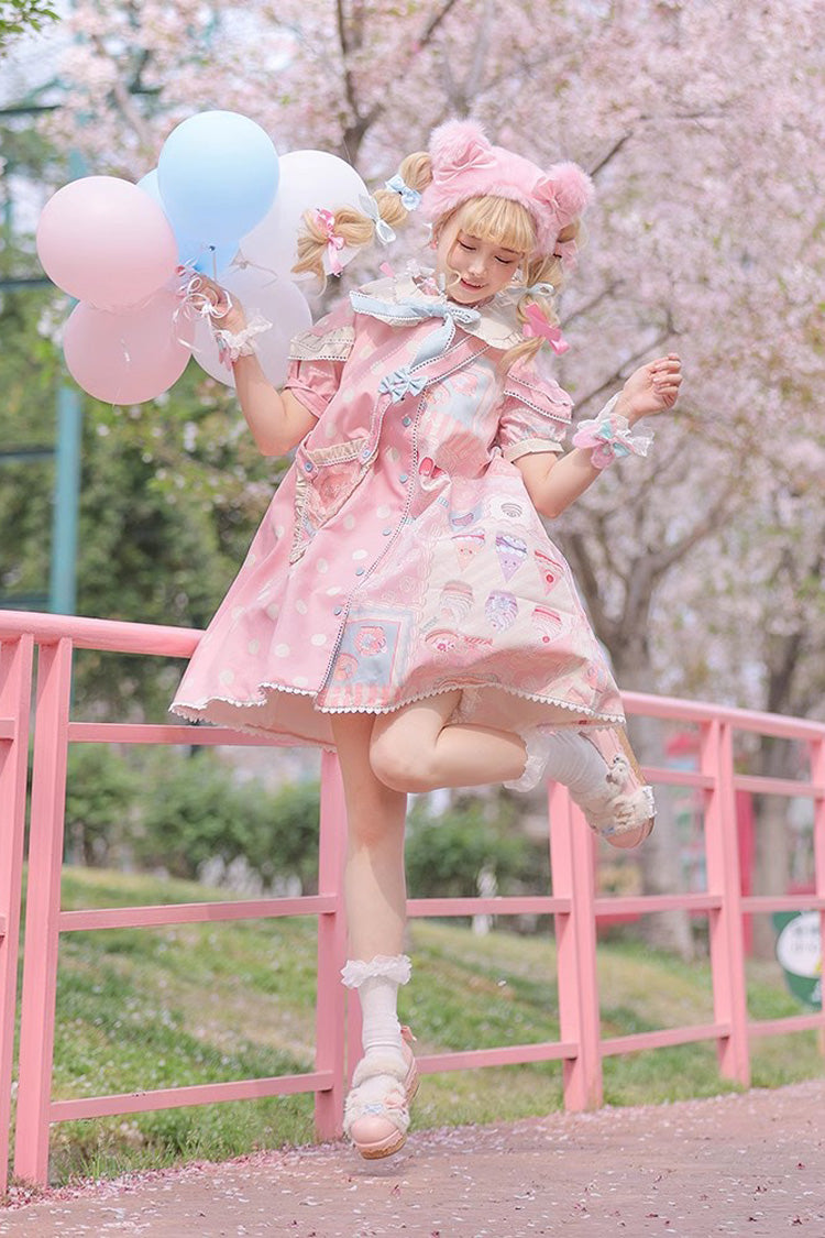 Cake Chocolate Dessert Print Short Sleeves Ruffle Bowknot Sweet Lolita Dress 2 Colors - Product - 3