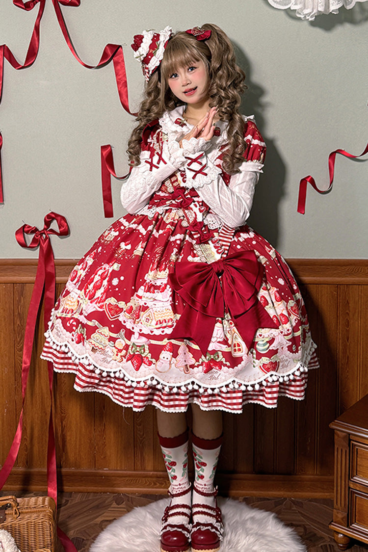 Mint Strawberry Dessert Doll Collar Short Sleeves Print Ruffle Bowknot Sweet Lolita Dress 4 Colors - Red - 1
