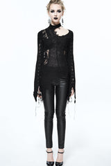 Black Asymmetric Lace Woolen Splice Rose Mesh Chest Hollow Applique Hem Women's Gothic Sweater - Product - 2