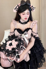 Black/Pink [Blackberry Lover] Multi-Layered Lace Sweet Princess Lolita Skirt Set - Black/Pink - 1