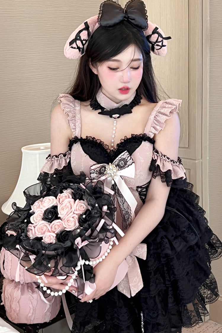 Black/Pink [Blackberry Lover] Multi-Layered Lace Sweet Princess Lolita Skirt Set - Black/Pink - 1