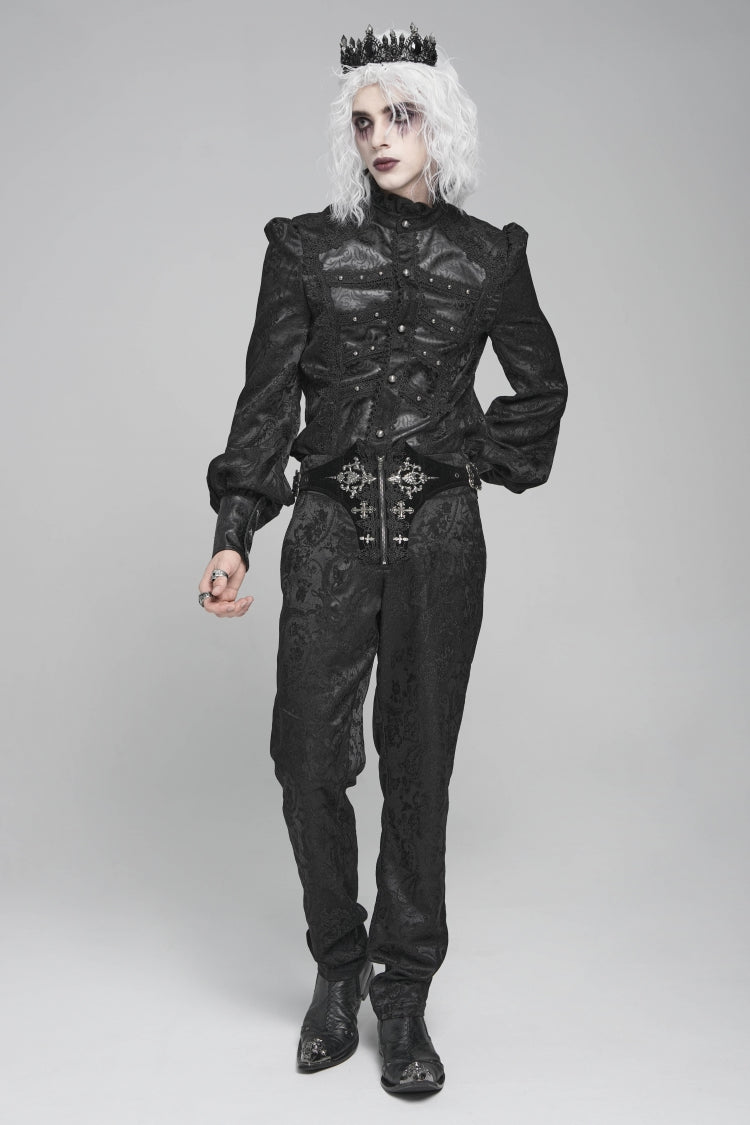 Black Stand Collar Long Lantern Sleeves Floral Print Embroidery Men's Gothic Blouse - Product - 12