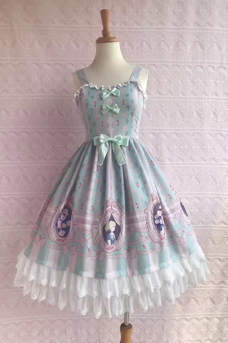 Double Layer Rose Lover's Dream Print Ruffle Bowknot Sweet Lolita Jsk Dress 3 Colors - Green - 1