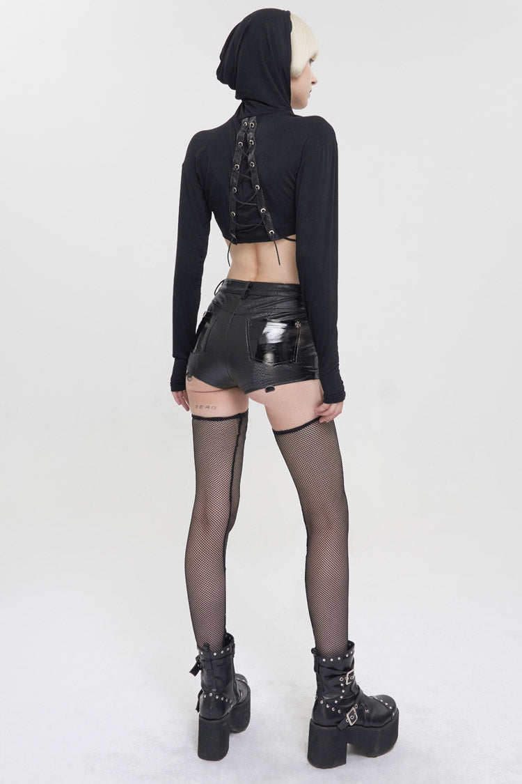 Black Faux Leather Pentagram With Stockings Women's Punk Shorts - Product - 7
