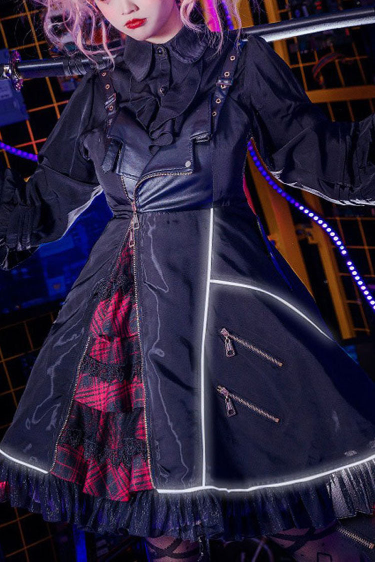 Black Stitching Zipper Cardigan Ruffled Multi-Layer Gothic Lolita Jsk Dress (Will shine at night) - Black - 1