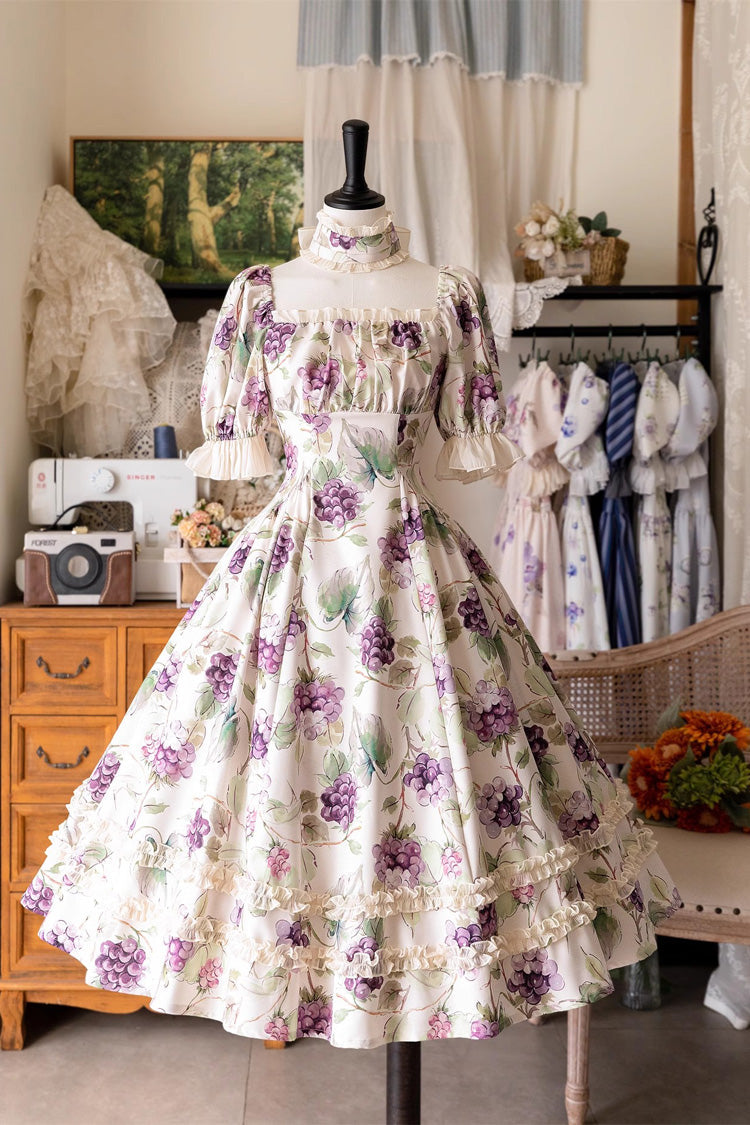 [Forest Basket] Print Short Sleeves Ruffle Lace Sweet Elegant Lolita Dress 6 Colors - Grape - 2
