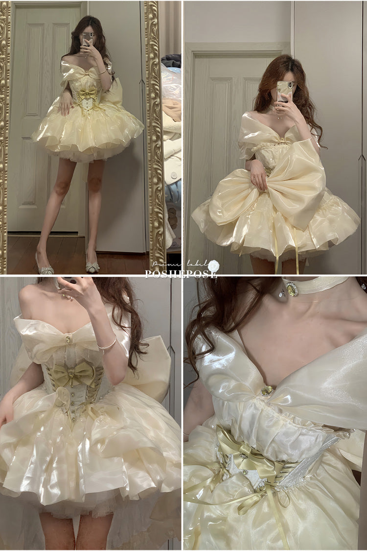 Gold [Proxima Centauri] Off Shoulder Ruffle Bowknot Sweet Princess Lolita Dress - Product - 6
