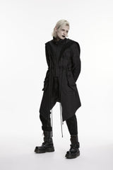 Black Stand Collar Long Sleeves Hooded Faux Two-Piece Zippered Men's Punk Big Pockets Strappy Jacket - Product - 10
