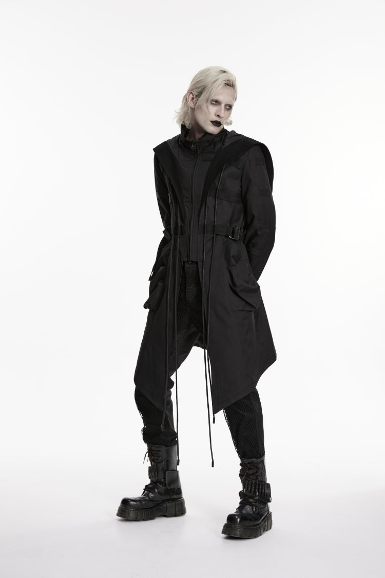 Black Stand Collar Long Sleeves Hooded Faux Two-Piece Zippered Men's Punk Big Pockets Strappy Jacket - Product - 10