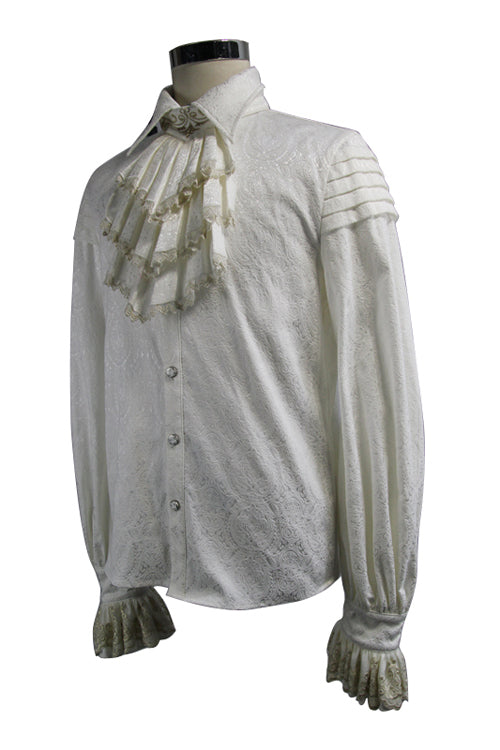 Beige Embroidered Ruffled Sleeves Jacquard Mens Gothic Blouse - Product - 6
