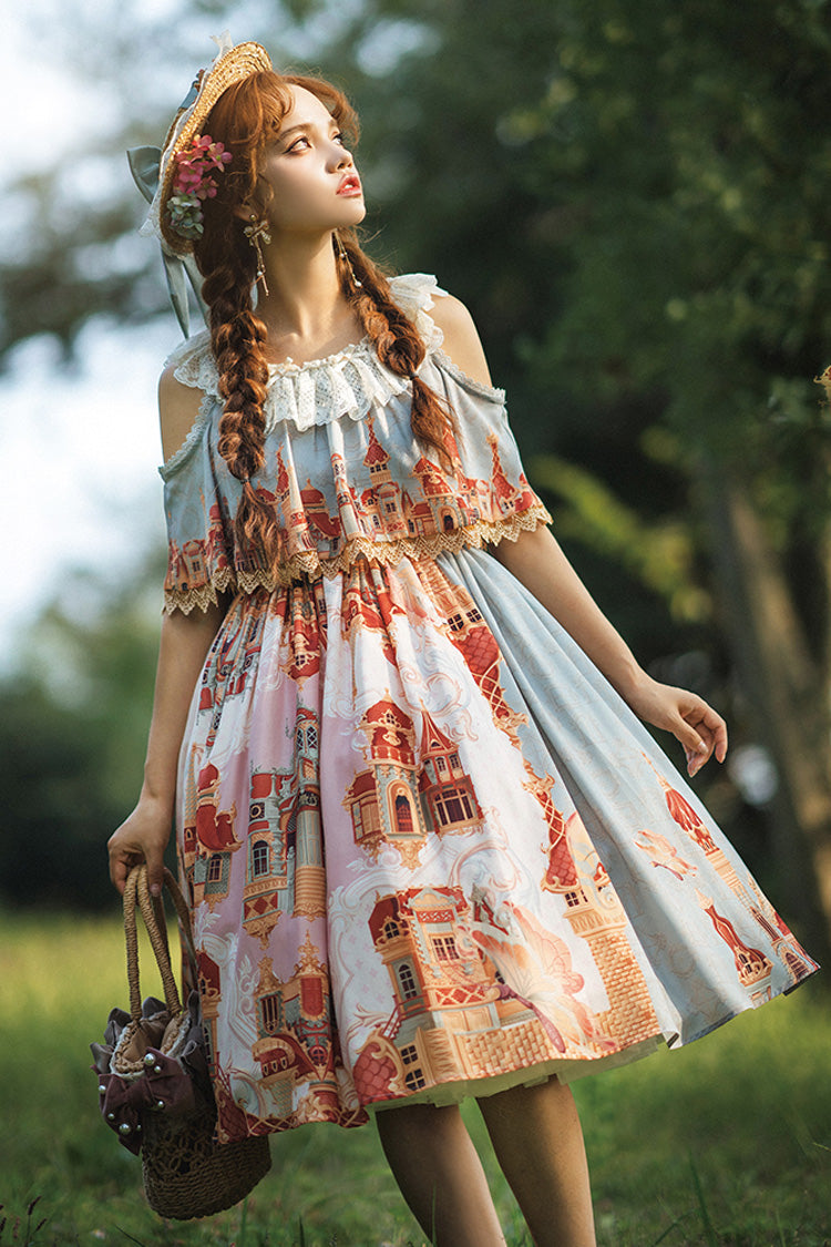 Multi-Color European Architectural Oil Painting Print Off Shoulder Short Sleeves Bowknot Sweet Lolita Dress - Product - 9
