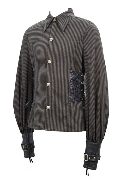 Brown Striped Waist Cuff Leather Mens Punk Blouse - Product - 5
