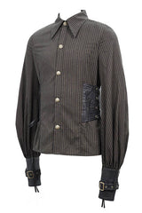 Brown Striped Waist Cuff Leather Mens Punk Blouse - Product - 5