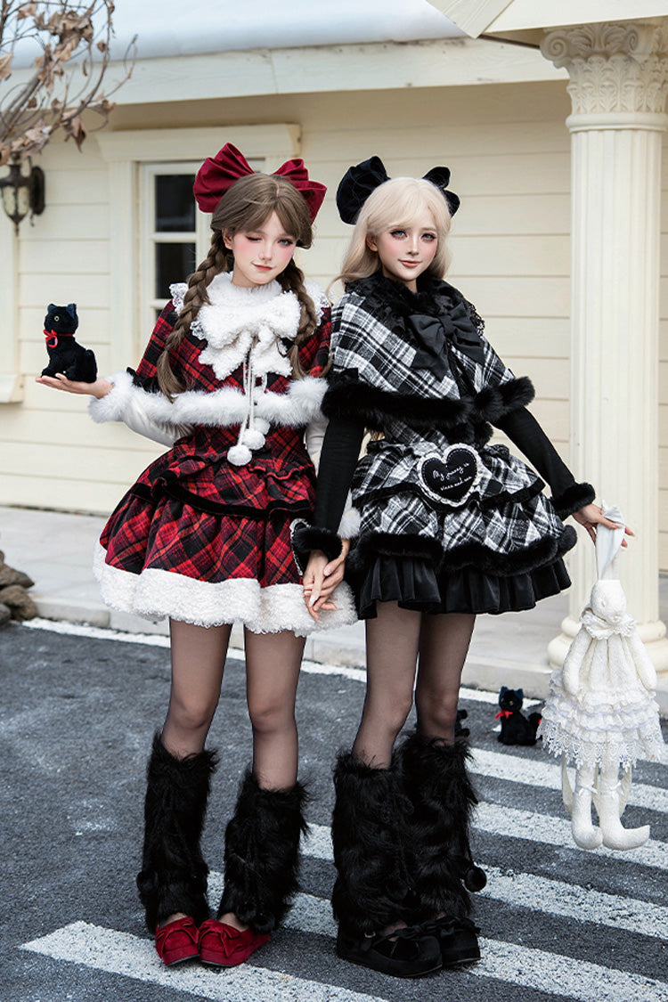 [Letters & Poems · Snowy Night Serenade] Triple-Layered Print Ruffle Bowknot Sweet Lolita Jsk Dress Set 2 Colors - Black/White - 1