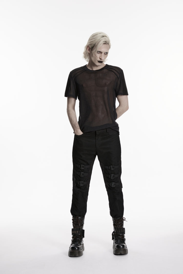 Black Spliced Slim Mesh Buckled Men's Punk Cool Pants - Product - 7