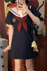 Blue Ruffle Bowknot Snow Girl Sweet College Style Japanese School Sailor Skirt Set - Product - 3