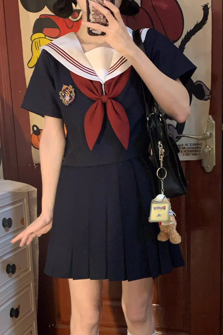 Blue Ruffle Bowknot Snow Girl Sweet College Style Japanese School Sailor Skirt Set - Product - 3