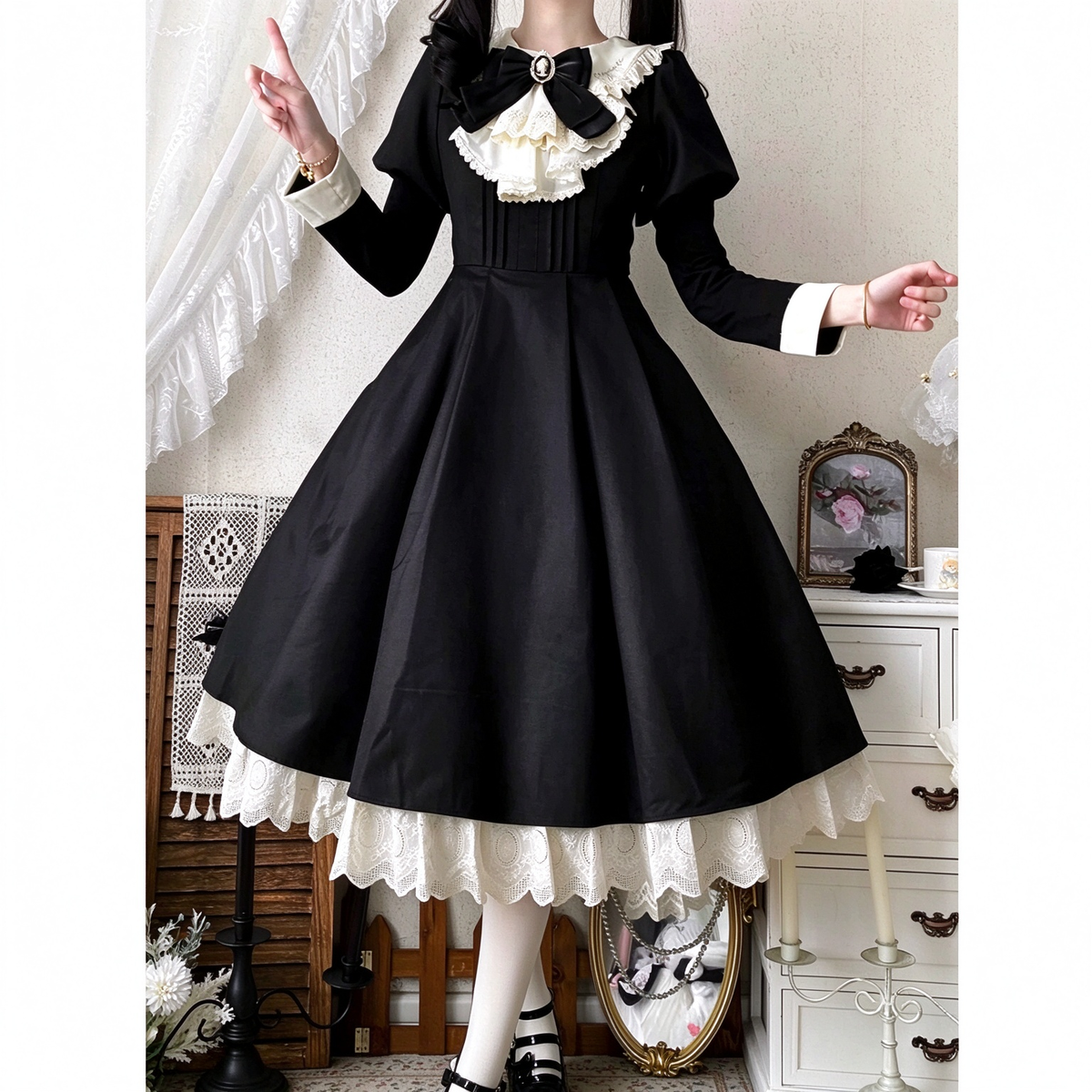 Black and Cream Ruffled Maid Lolita Dress with Apron Bow Accent - view 6