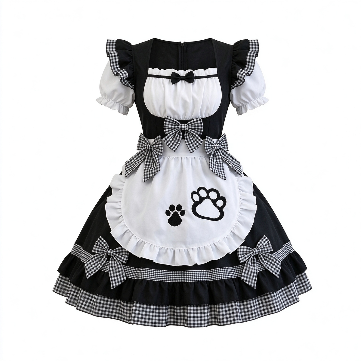 Black and Pink Ruffled Maid Lolita Dress with Paw Print Apron Accent - view 5