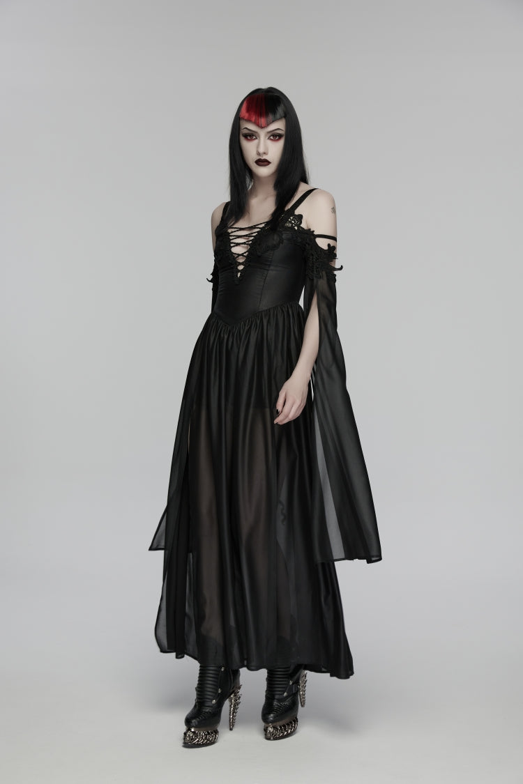 Black Off Shoulder Long Sleeves Embroidered Lace-Up Women's Gothic Elegant Dress Wedding Dress - Product - 6
