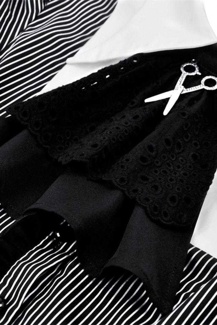 Black/White Lapel Collar Long Puff Sleeves Women's Gothic Striped Preppy Style Dress - Product - 15