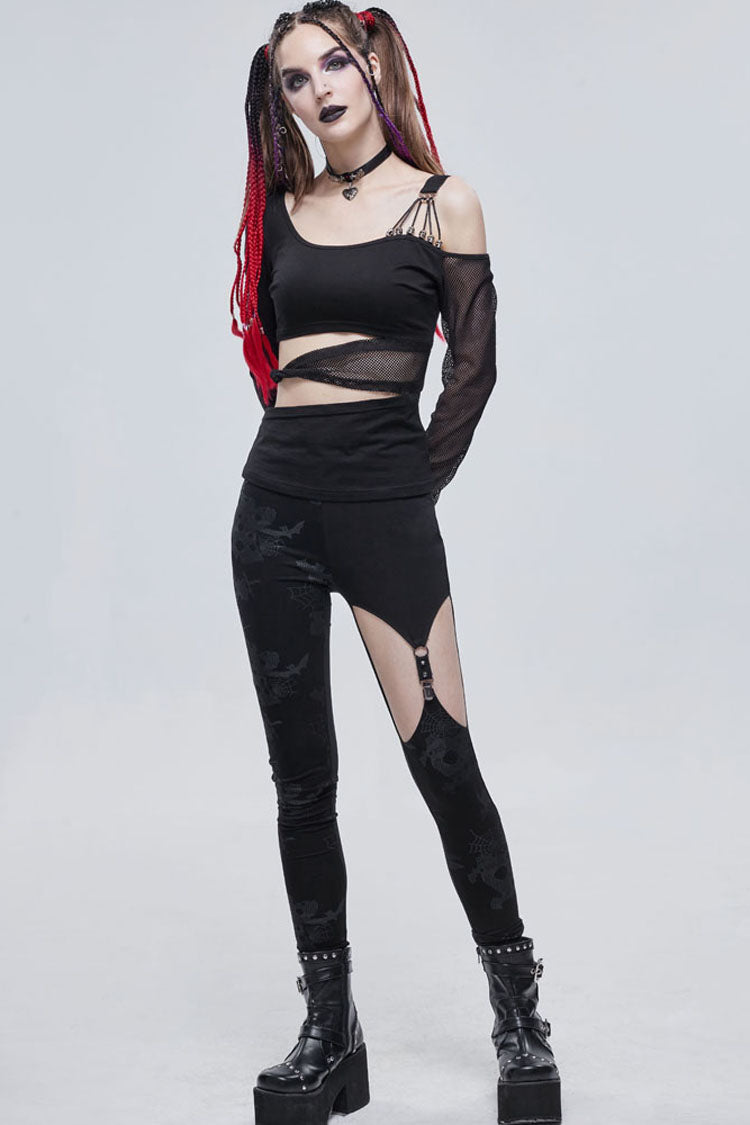 Black Gothic Ripped Spider Web Print Asymmetric Belt Buckle Decoration Women's Leggings - Product - 6