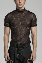Stand Collar Short Sleeves Print Slim Mens Steampunk T-Shirt 2 Colors - Black/Brown - 8
