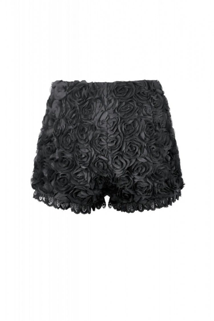 Black 3D Floral Jacquard Lace-Trimmed Women's Gothic Mini Shorts - Product - 12