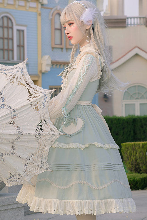 Light Green Japanese Country Style Bowknot Cardigan Ruffled Sweet Lolita JSK Dress - Product - 4