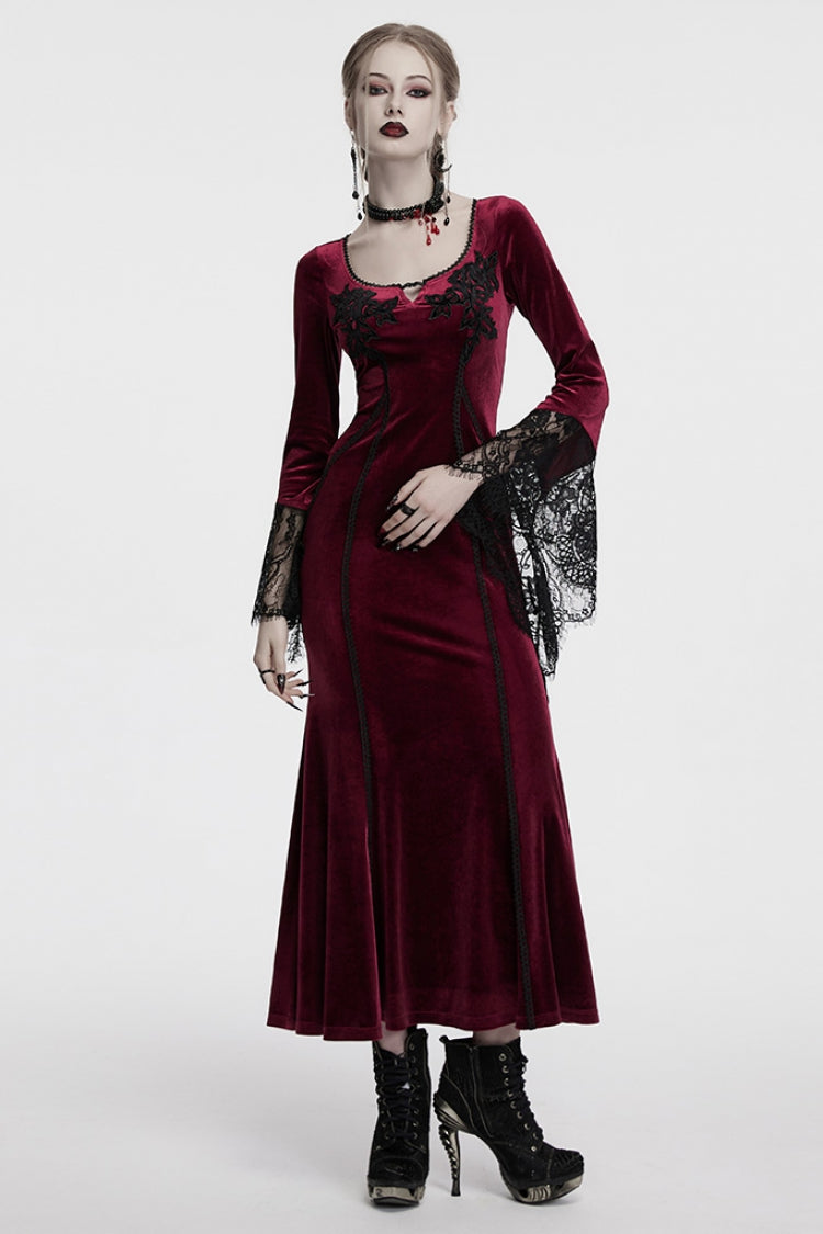 Red Long Sleeves Floral Embroidery Stitching Lace Women's Gothic Gown Dress - Product - 4