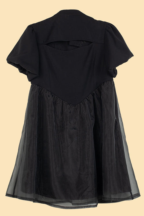 Black Stand Collar Lantern Short Sleeves Floral Print Organza Panel Sweet Lolita Dress - Product - 8