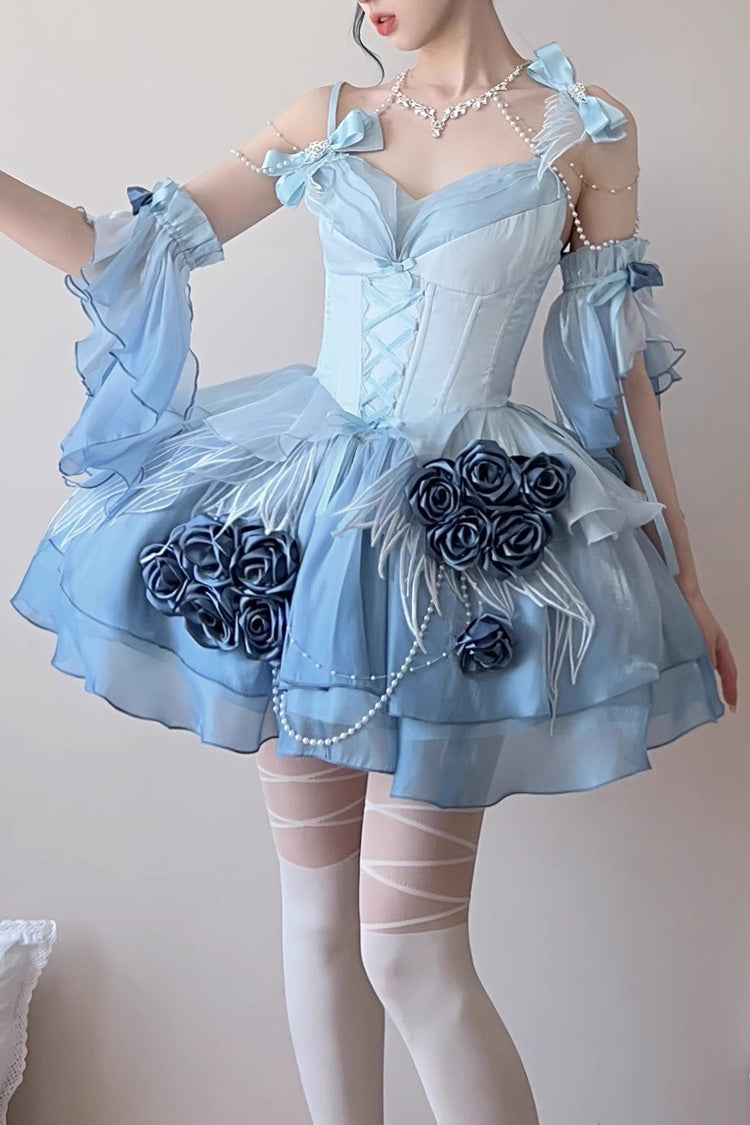 Sky Blue [Swan Wonderland] Embroidery Bowknot Lace-Up Sweet Ballet Lolita Jsk Dress Short Version - Product - 2