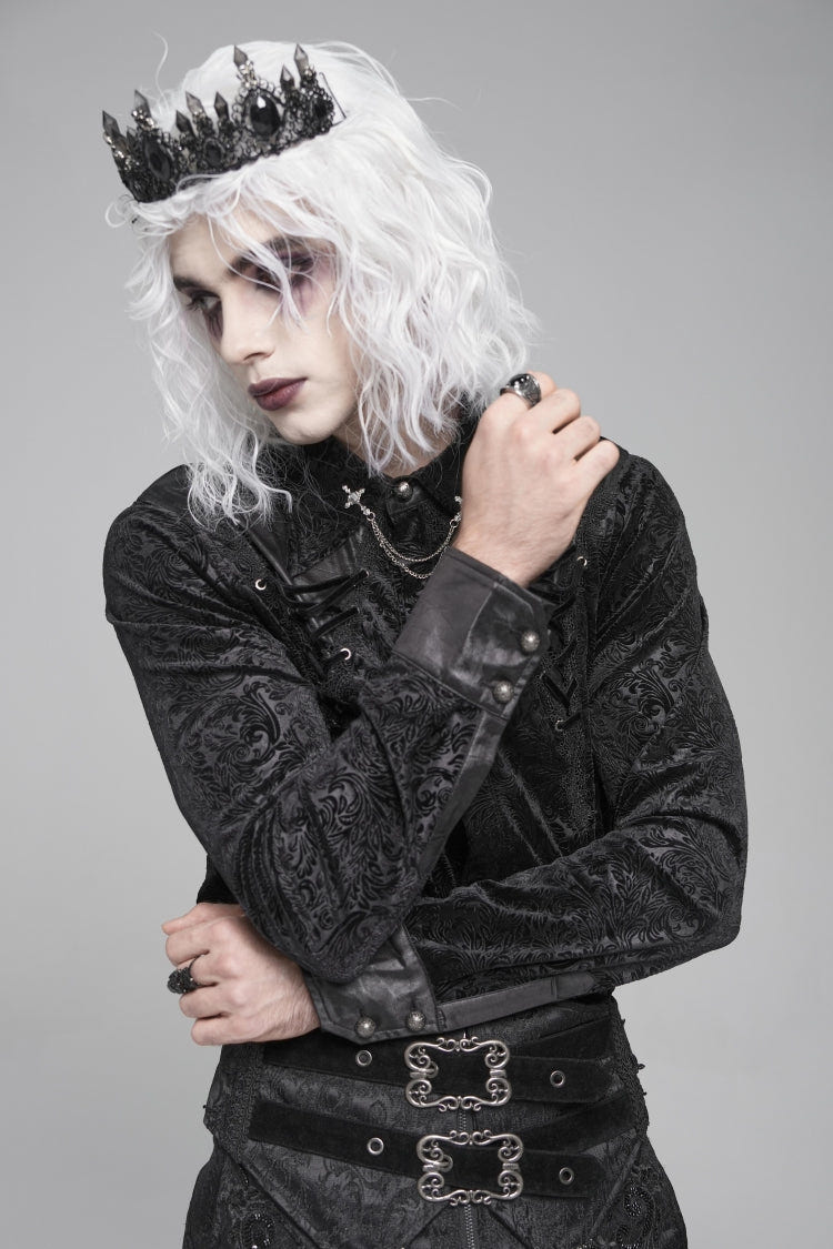 Black Lapel Collar Long Sleeves Print Embroidery Lace-Up Men's Gothic Blouse - Product - 3