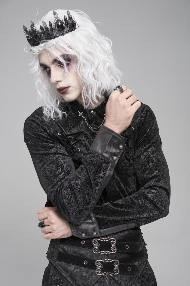 Black Lapel Collar Long Sleeves Print Embroidery Lace-Up Men's Gothic Blouse - Product - 3