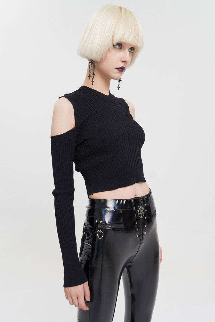 Black Hooded Off-The-Shoulder Back Cutout Rope String Upside Down Pentagram Wool Knit Long Sleeve Women's Punk Sweater - Product - 2