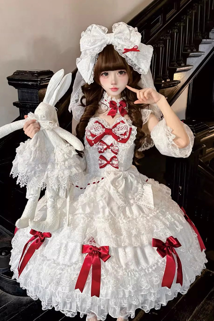White [Dream of the Misty Moon] Sleeveless Multi-Layered Ruffled Bow Lace Pearl-Decorated Sweet Princess Lolita Jsk Dress - White - 1