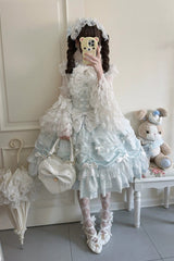 Blue [Silk Satin Gift Box] Square Collar Sleeveless Multi-Layered Ruffled Bow Lace Sweet Lolita Jsk Dress - Product - 7