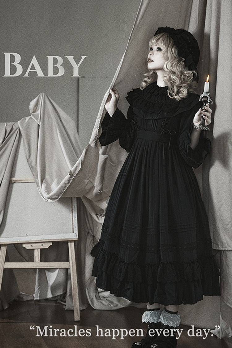 Black [Good Night] Long Sleeves Double-Layered Ruffle Bowknot Lace-Up Holy Gothic Lolita Dress - Product - 5