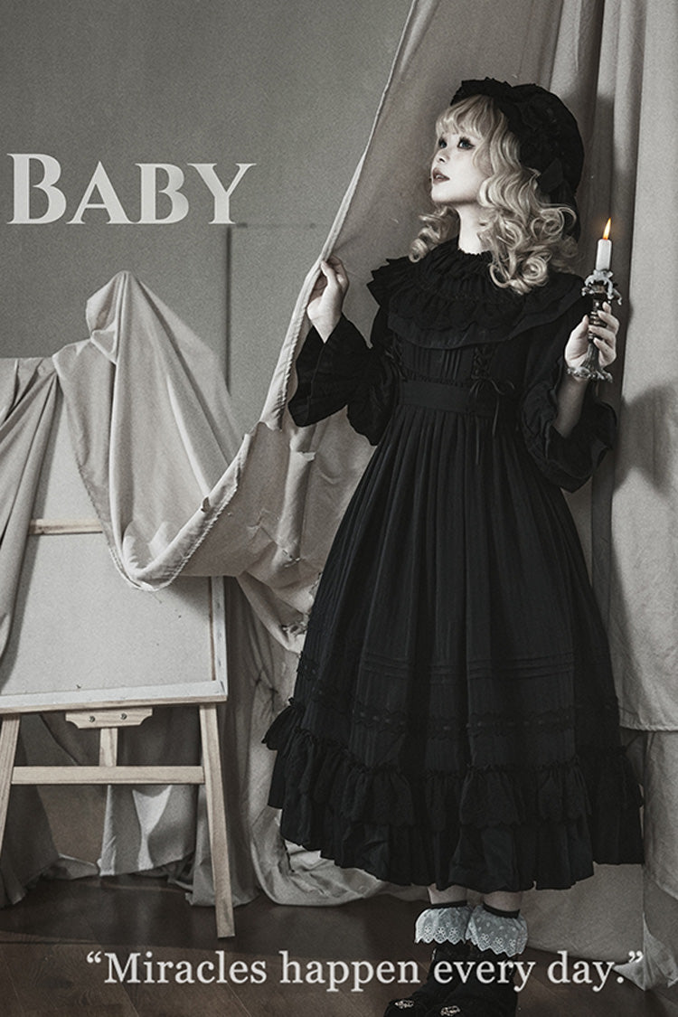 Black [Good Night] Long Sleeves Double-Layered Ruffle Bowknot Lace-Up Holy Gothic Lolita Dress - Product - 5